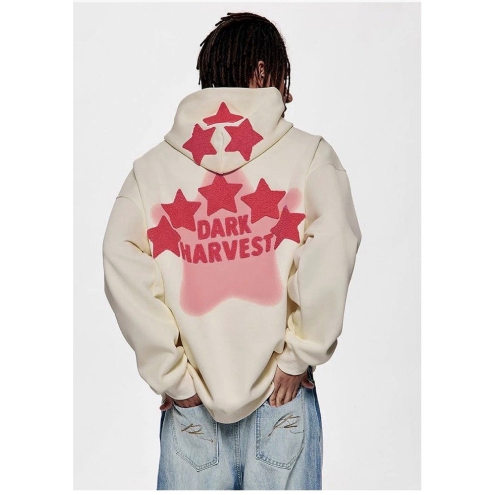 VAMTAC Dark Harvest Star Embroidered Oversized Hoodie Pullover Cream Pink Medium